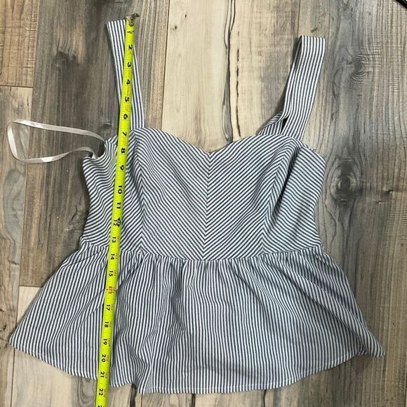 Monteau Los Angeles, navy blue and white striped peplum top, size large - Picture 4 of 7